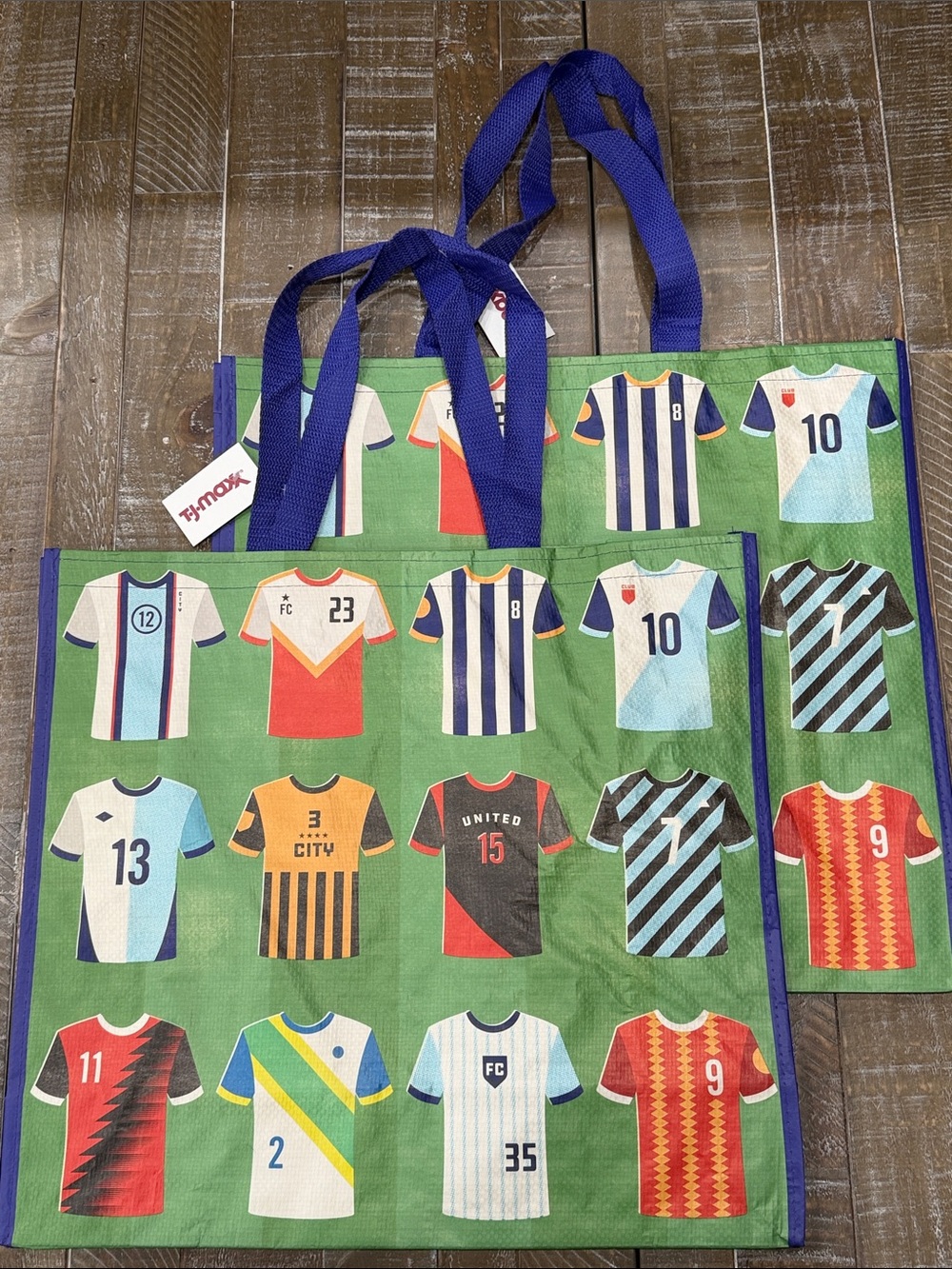 T.J.Maxx Green Reusable Tote Bag with Multicolor Jersey Print- set of 2